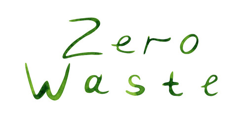 Watercolor eco inscription Zero waste. Watercolor eco illustration, isolated on transparent background. For environmental design, zero waste design, for website design.
