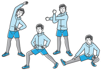 準備体操する若い男性のイラストセット