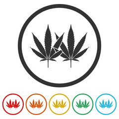 Marijuana cannabis icon. Set icons in color circle buttons