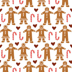Seamless christmas pattern with gingerbread cookies and candy canes
