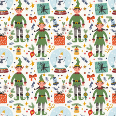 Christmas Seamless Pattern with elf, gifts, lantern, holly berries. For decorating textiles, packaging, wallpaper.