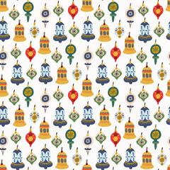 Christmas seamless pattern. Xmas tree decorations illustration. Decorative toys hanging on strings. Traditional new year celebration accessories.