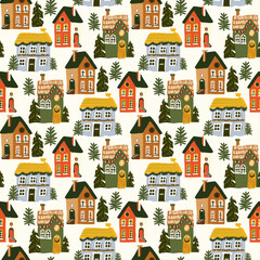 Seamless pattern for Christmas holiday with cute houses and trees. 