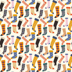 Colorful seamless pattern with different doodle socks.