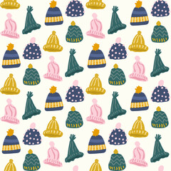 Seamless winter pattern with caps 