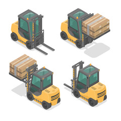 forklift shipment warehouse front and back view element with heavy cargo logistics isometric set isolated vector © AllahFoto