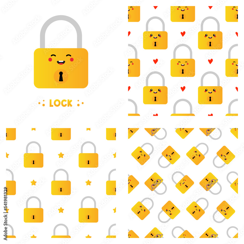 Wall mural cute cartoon style golden lock character and set, collection of three locks vector seamless pattern 