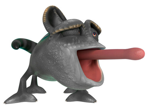 chameleon cartoon with tongue out in a white background