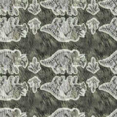 Hand drawn triceratops fossil bones dinosaur seamless pattern. Gender Neutral Jurassic silhouette. Home decor for museum, excintion and textile design.  © Leah