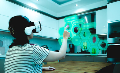 Young woman doing her culinary shopping at the metaverse market. We connect with the new generation virtual market with VR glasses.