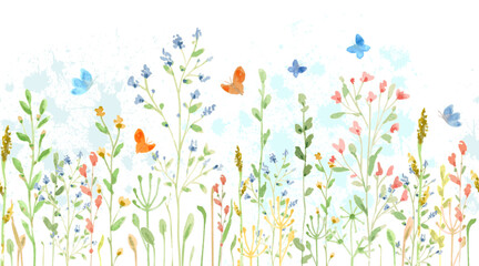 seamless border with watercolor meadow flowers. vector illustrat