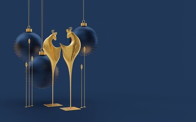 Three dark blue Christmas decorations and gold deer. Presentation or marketing for new year holidays and christmas. Postcard template for designer. 3d rendering.