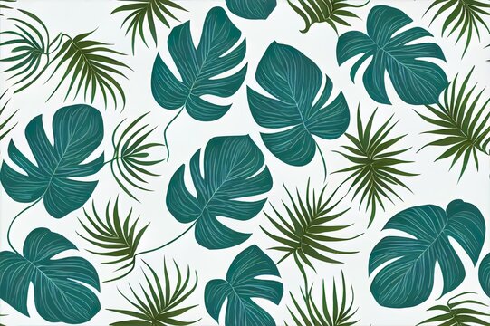 Beautiful seamless pattern with tropical jungle palm, monstera, banana leaves. Nature floral endless background.