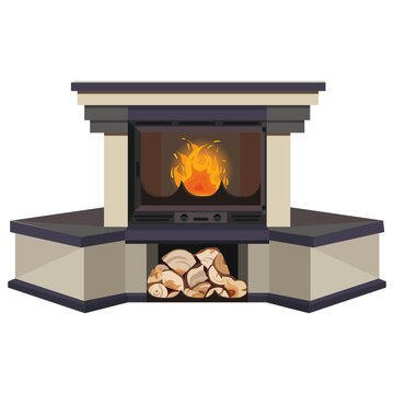 recommend clip art: Beautiful fireplace with fire. With stove and wood. Granite stone. Interior element of the living room. Vector illustration. Isolated on white background