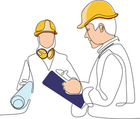 construction manager and engineer working on building site. Vector illustration
