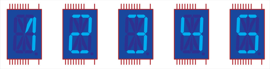 Vector image of a single-digit sixteen-segment
liquid crystal indicator chip in blue color.
Displaying digits from one to five on
the screen of the sixteen segment
indicator microchip.