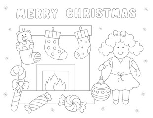 cute christmas coloring page for kids with sweets, a little girl, stockings with presents and more shapes to color. you can print it on standard 8.5x11 inch paper