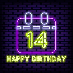 14 Year old Happy Birthday 14th Neon Sign Vector. Bright signboard. Light banner. Design element. Vector Illustration
