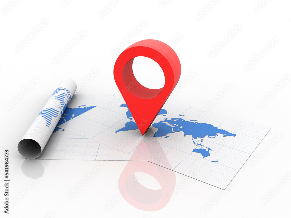 Poster 3d rendering red map pointer with world map