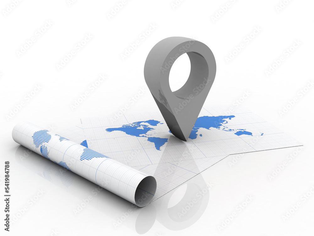 Poster 3d rendering red map pointer with world map