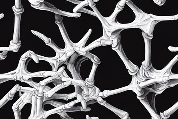 Skeleton of a human hand making rock sign seamless pattern on black background