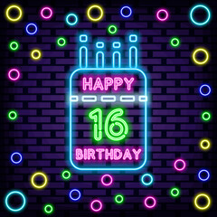 16th Happy Birthday 16 Year old Neon signboards. On brick wall background. Neon text. Modern trend design. Vector Illustration