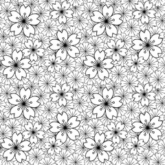 Seamless background image of black white Japanese sakura flower cross pattern.