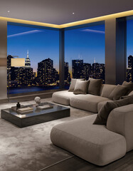 Illustration of a contemporary luxury penthouse living room interior in New York city