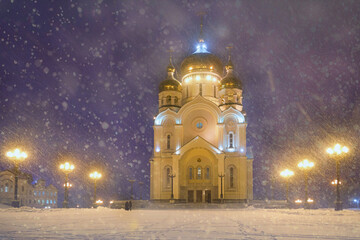 Blizzard in the city. Khabarovsk. Transfiguration Cathedral. Far East, Russia.