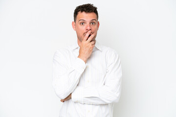 Young caucasian handsome man isolated on white background surprised and shocked while looking right