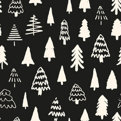 Monochrome christmas tree seamless repeat pattern. Hand drawn, doodled vector fir forest all over surface print in black and white.