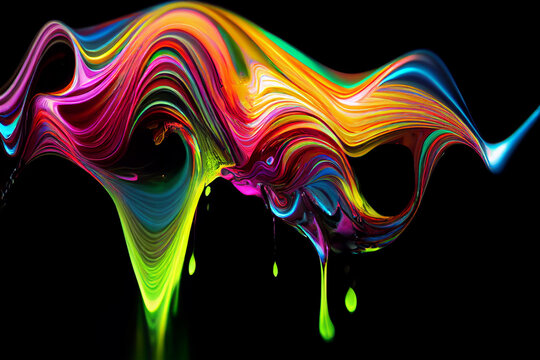 Liquid splashes on black background, background image for computer and phone. Neon colors.
