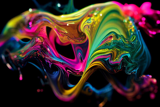Liquid splashes on black background, background image for computer and phone. Neon colors.

