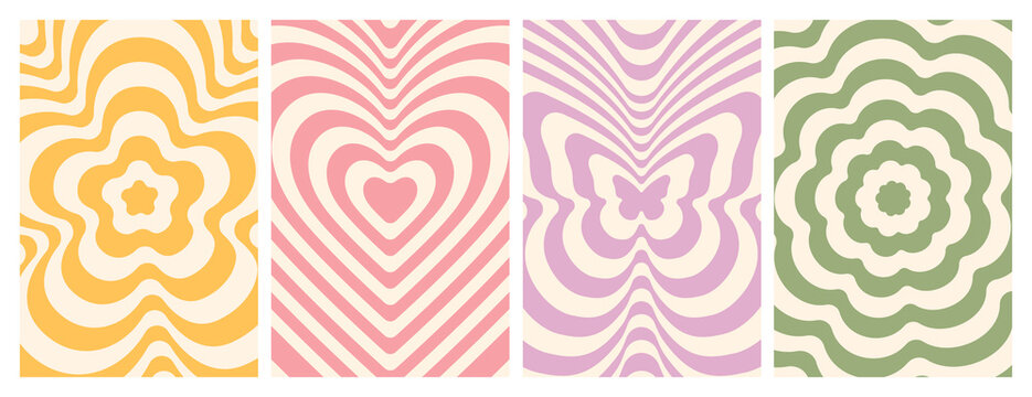 Groovy hippie 70s backgrounds. Waves, swirl, twirl pattern with heart, daisy, flower, butterfly. Twisted and distorted vector texture in trendy retro psychedelic style. Y2k aesthetic.