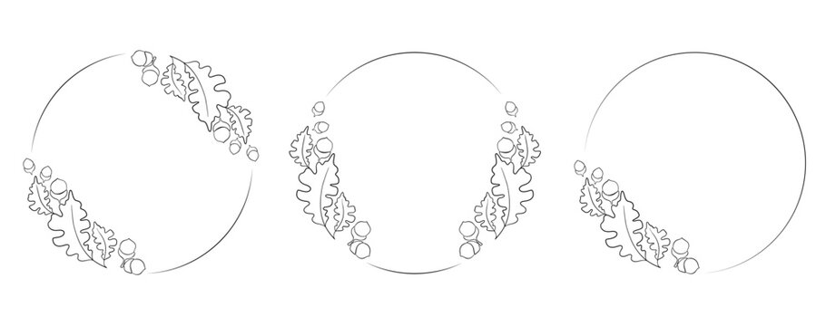 Set of doodle floral, line and leaf circle frames. Oak leaves ink style