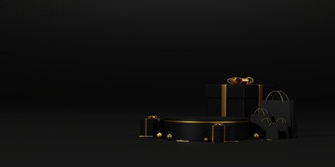 Background 3d rendering for Christmas and new year with gold and black colors Background. Gift box and circle podium on gold and black colors. 3D illustration background.