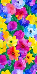 I am looking at a watercolor painting of a flower bouquet. The flowers are various shades of purple and blue, with some green leaves mixed in. They are all clustered together in a big bunch, and there
