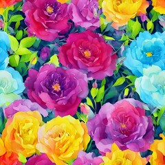 Obraz na płótnie Canvas A colorful watercolor flower bouquet is displayed in a clear glass vase. The flowers are yellow, pink, and purple, and they are arranged in a clustered design. Green leaves surround the blooms, adding