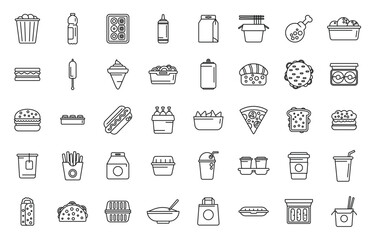Take away food and drinks icons set outline vector. Burger cinema. Street food