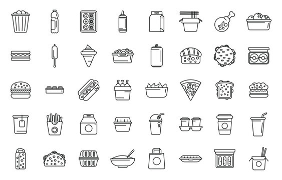 Take Away Food And Drinks Icons Set Outline Vector. Burger Cinema. Street Food