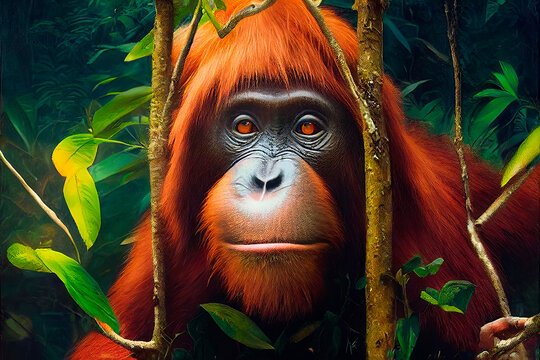 Monkey in the jungle. Illustration for advertising, cartoons, games, print media. Illustration.