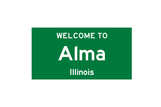 Alma, Illinois, USA. City limit sign on transparent background. 