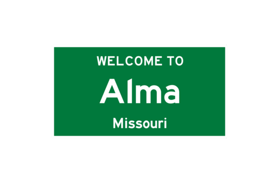 Alma, Missouri, USA. City limit sign on transparent background. 