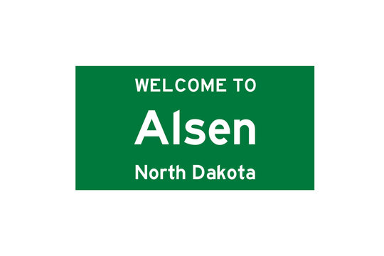 Alsen, North Dakota, USA. City limit sign on transparent background. 