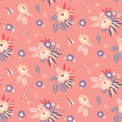 Seamless floral pattern in modern folk style. Cute floral print, pretty flower design with decorative bouquets, flowers blossom, small flowers, leaves on pink background. Vector botanical illustration