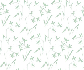 Seamless floral pattern, gentle ditsy print with hand drawn blue plants on a white background. Simple flower design with small wild flowers on thin branches, leaves. Vector botanical illustration.