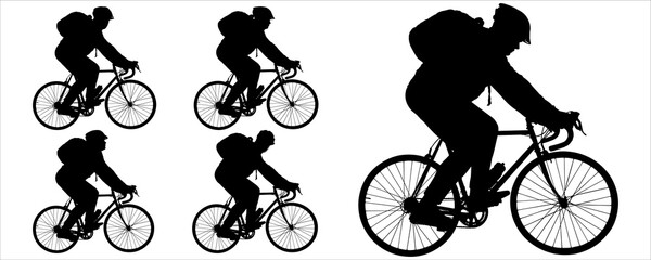 Five silhouettes of a cyclist in a bicycle helmet and with a backpack on his back. A man riding a bicycle. Sports competitions on bicycles. Side view, profile. Black silhouette isolated on white. - obrazy, fototapety, plakaty