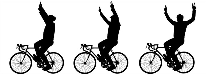 A cyclist in a protective helmet sits astride a bicycle, both hands raised up and showing the gesture 