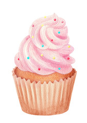 Food illustration of Cupcake with color candies in Watercolor, isolated PNG