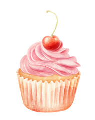 Cupcake with cherry in Watercolor, isolated PNG